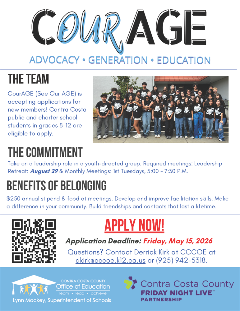 CourAGE flyer with photo of group, about the group, and how to apply